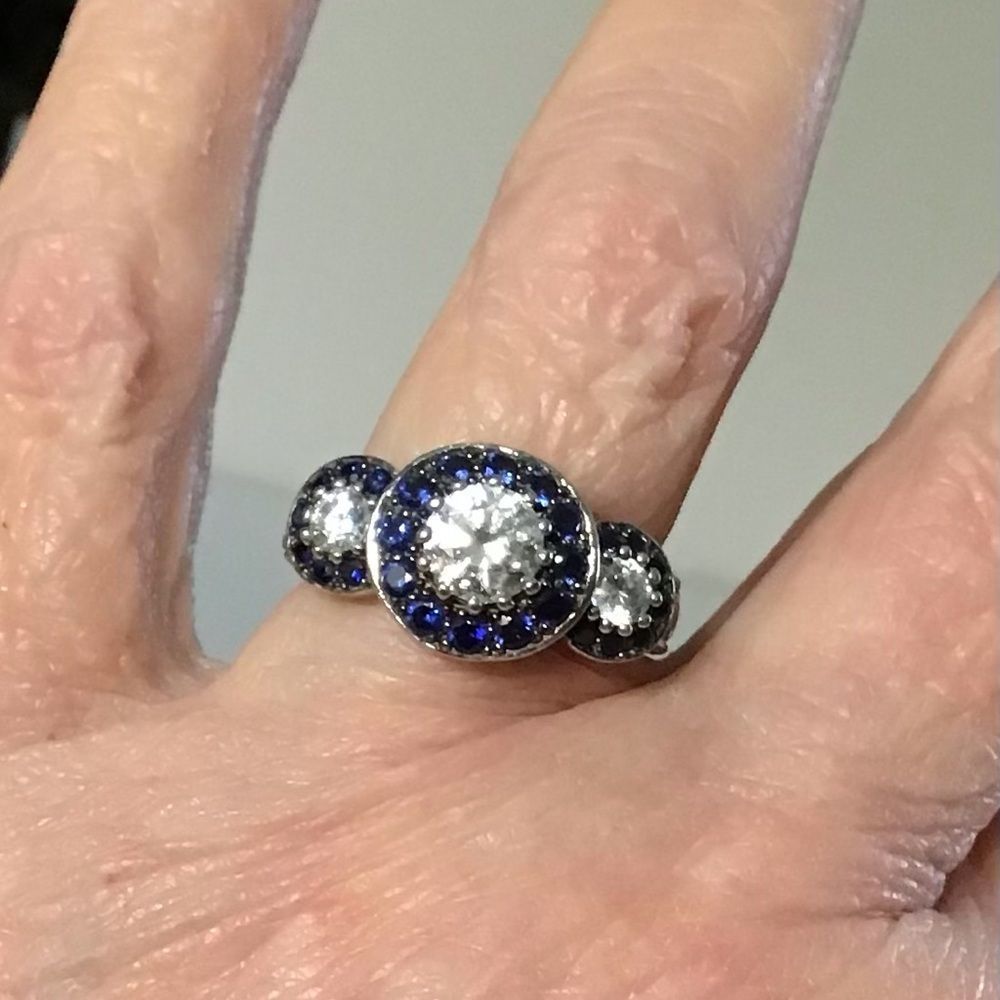 14K White Gold Blue Sapphire‎ and Moissanite Ring Size 7 5.77 grams
